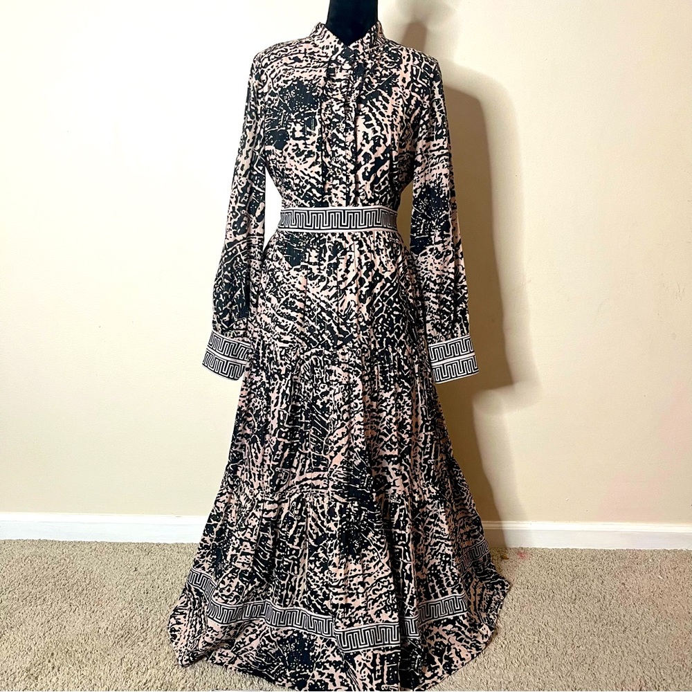 CK Bradley Women’s Black/Tan/Gold Long Sleeve High Neck Cotton Maxi Dress Sz L‎